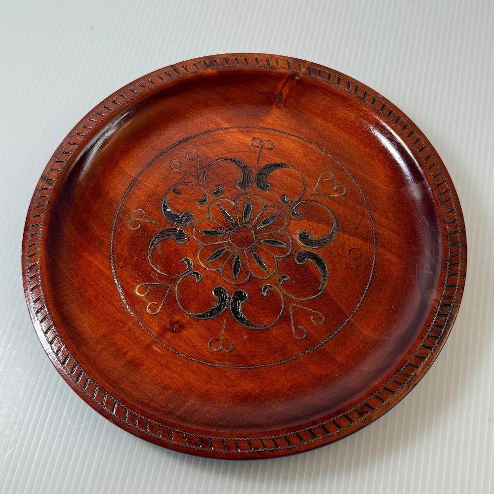 Vintage 1960's Hand Carved Wooden Plate with Brass Inlay Made in Poland